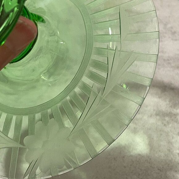 Vintage Green Depression Glass Flower Stripe Etch Console Bowl Candlesticks 3pc - Picture 6 of 9